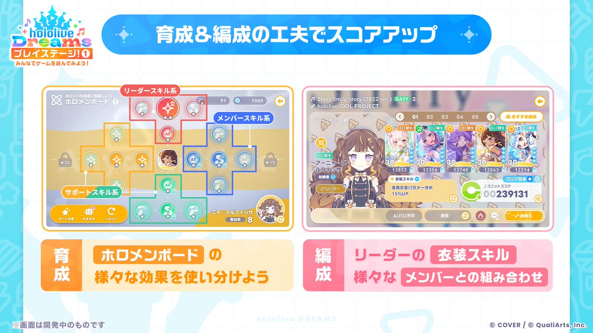ホロライブドリームスの育成と編成画面